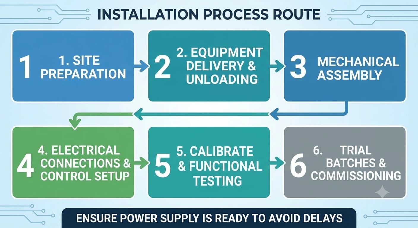 Concrete batch plant installation process route — site preparation to trial batches and commissioning