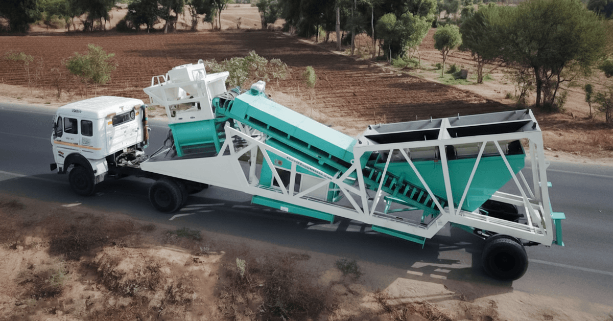 Mobile concrete batching plant being transported